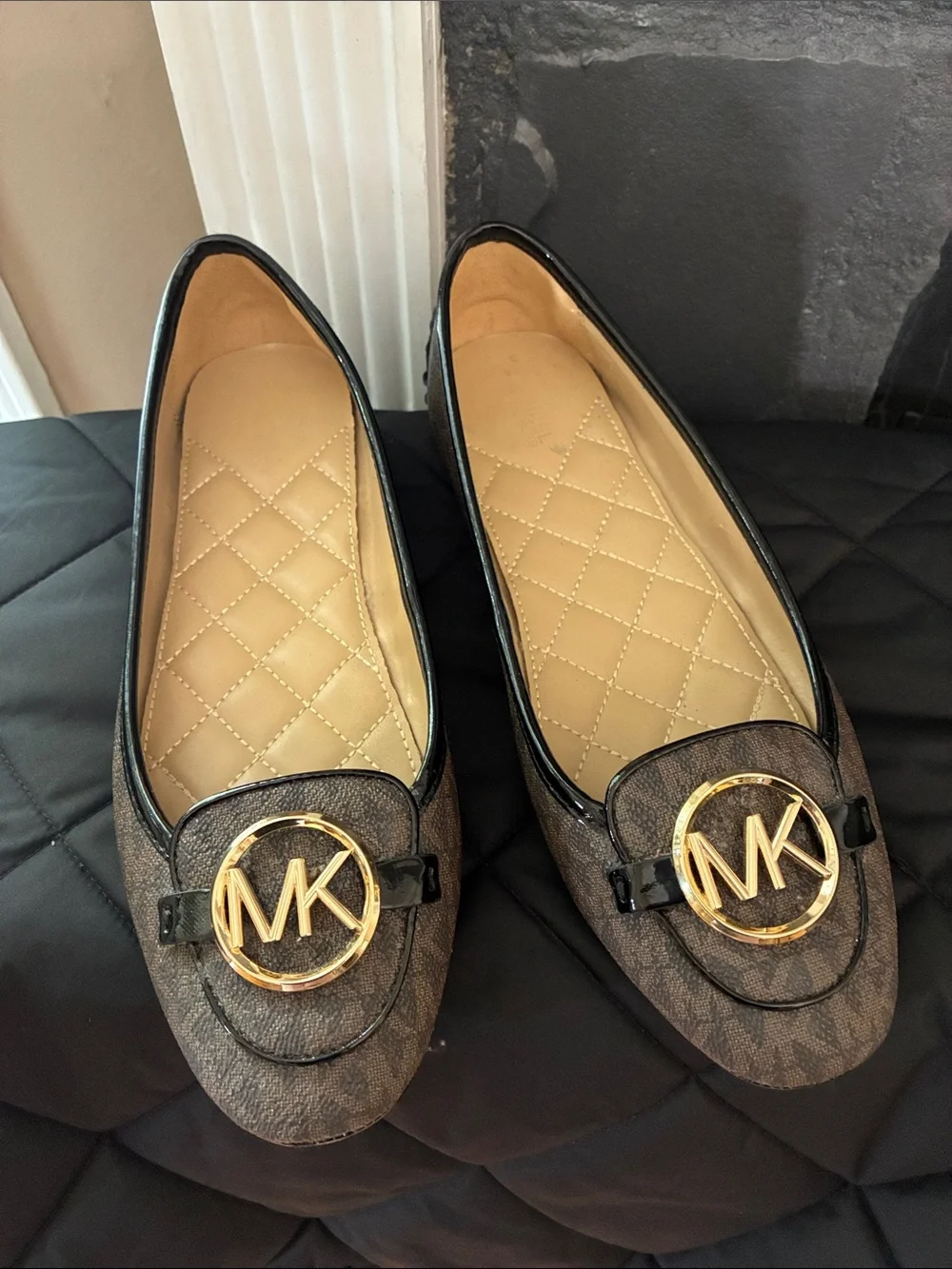 Michael Kors Brown Logo MK Gold-Emblem Loafers